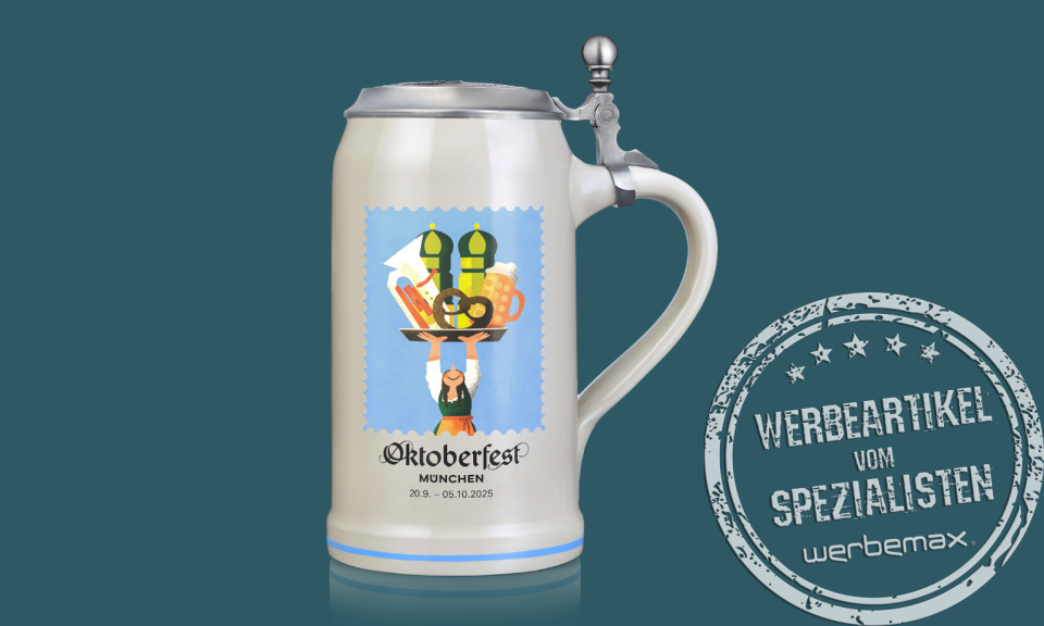 Limitierter Oktoberfest Maßkrug 2025 mit Zinndeckel und offizieller Wiesn Gravur – hochwertiger Sammlerkrug als Werbegeschenk.