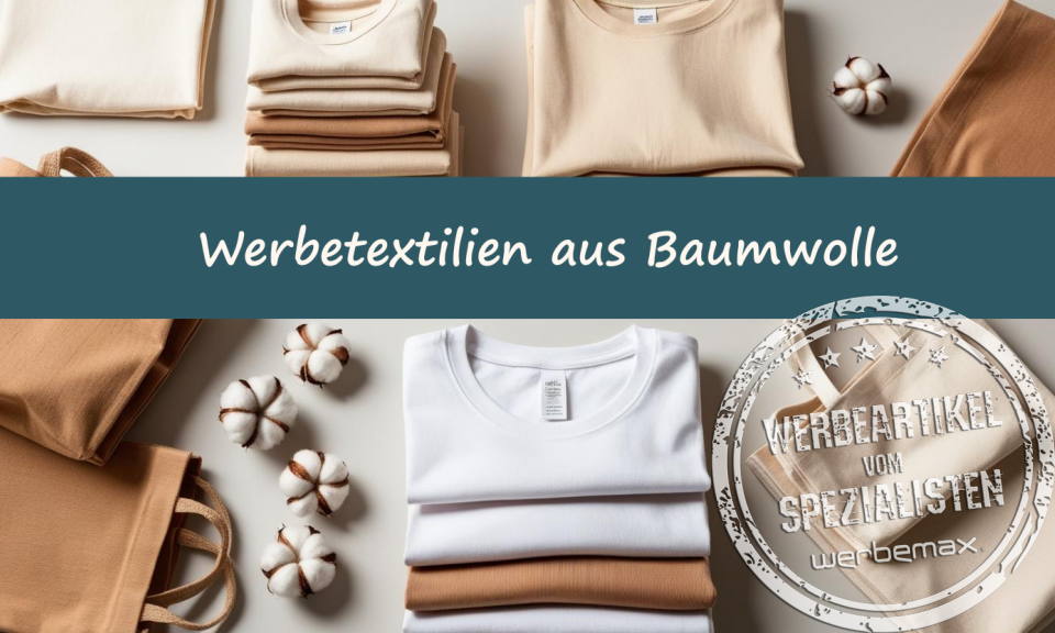 Baumwoll-Textilien auf hellem Untergrund - nachhaltige Werbetextilien aus Baumwolle mit Logo veredelbar.