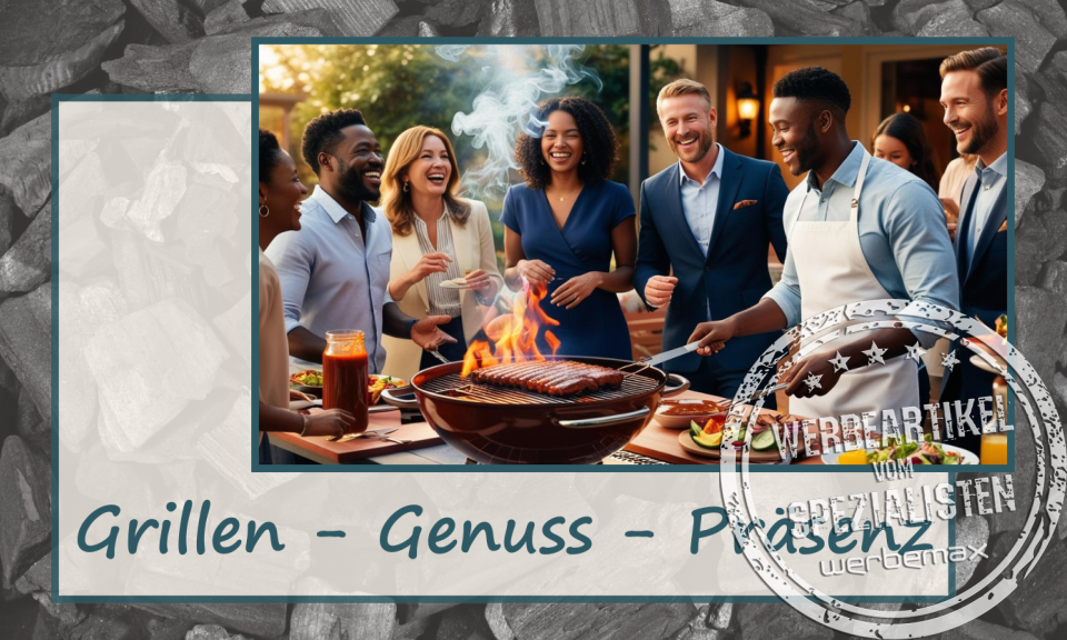Grillendes Team bei Sommerfest – Werbegeschenke rund ums Grillen im Einsatz.