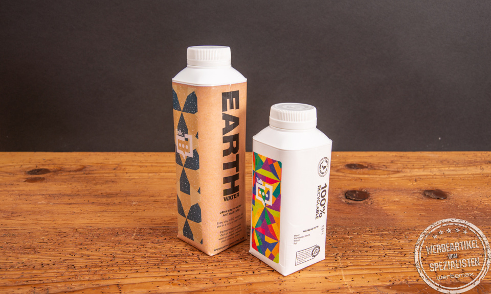 EARTH Wasser im Tetrapak 500 ml und 330 ml als Werbeartikel.