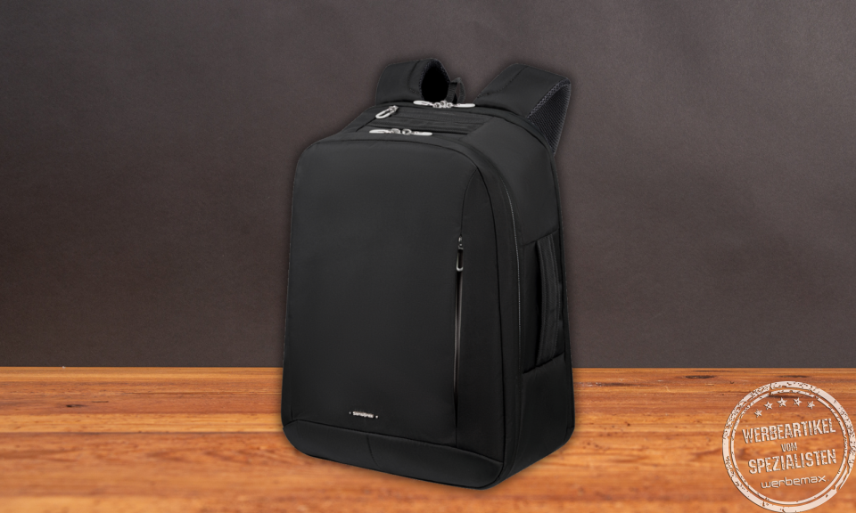 Schwarzer Samsonite GUARDIT Laptoprucksack als Werbeartikel.