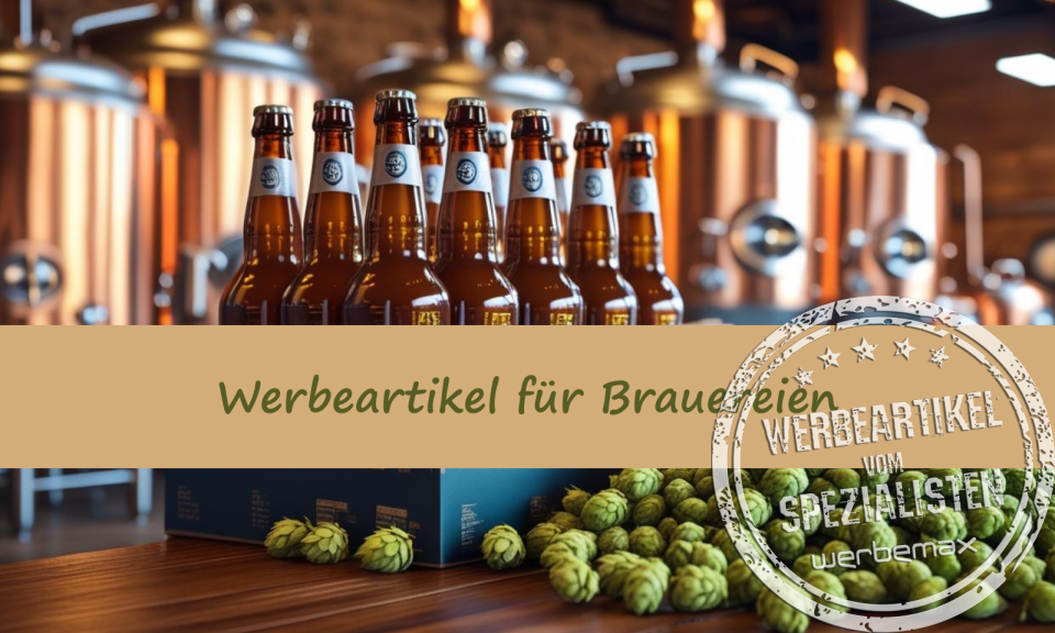 Brauerei mit Braukessel im Hintergrund, davor Hopfen und mehrere Flaschen Bier.
