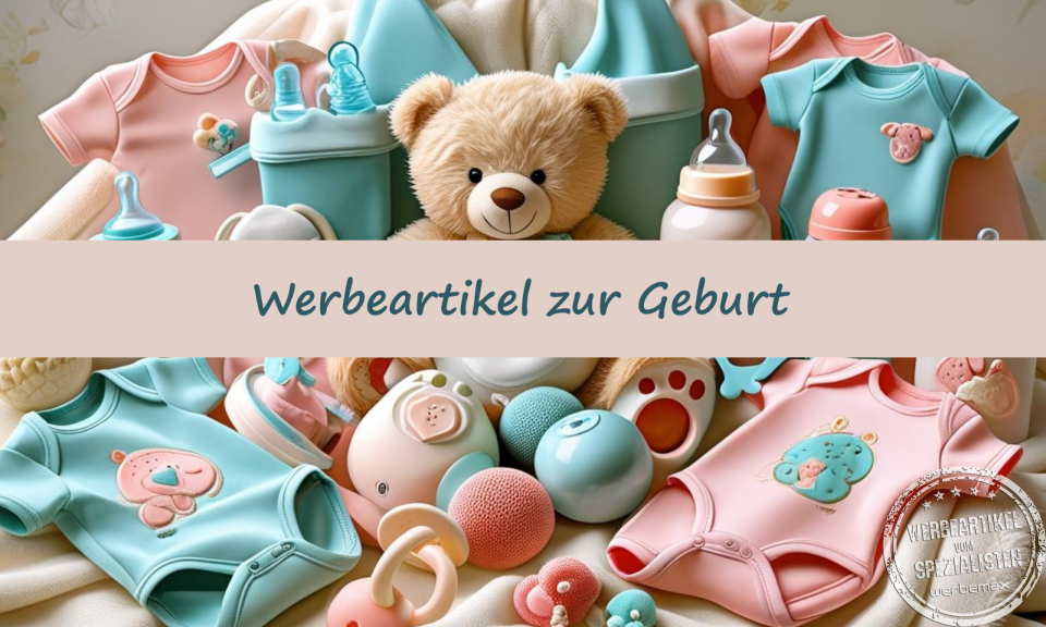 Eine Auswahl an Werbeartikeln, die man Mitarbeitern und Kunden zur Geburt schenken kann.