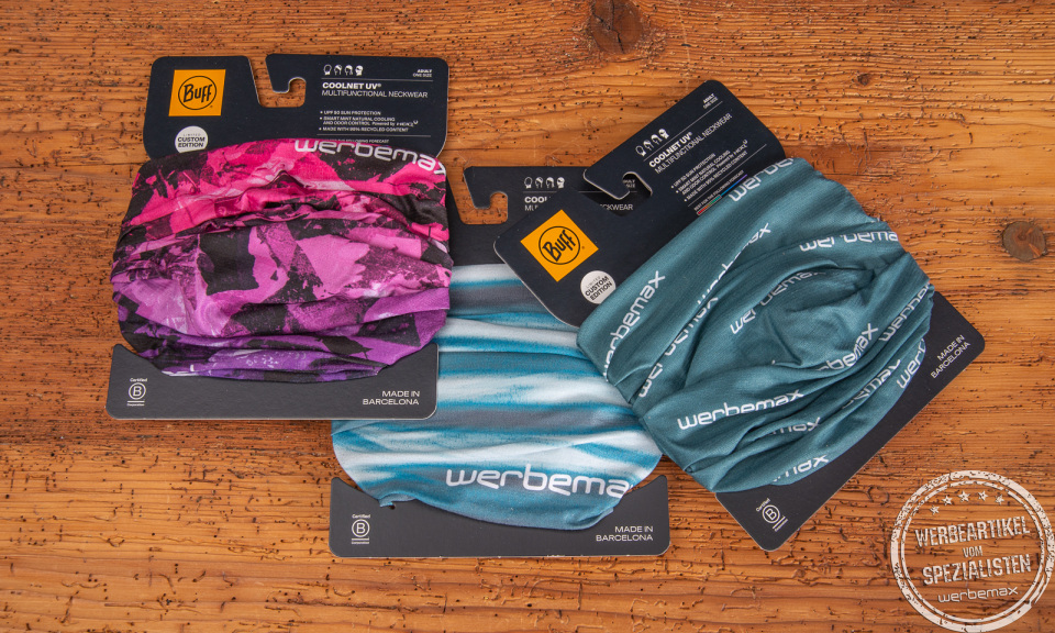 Drei BUFF Safety Coolnet UV Multifunktionstücher mit Werbemax Logo in Pink, Türkis und Petrol – kühlend, atmungsaktiv und nachhaltig produziert mit UV-Schutz.