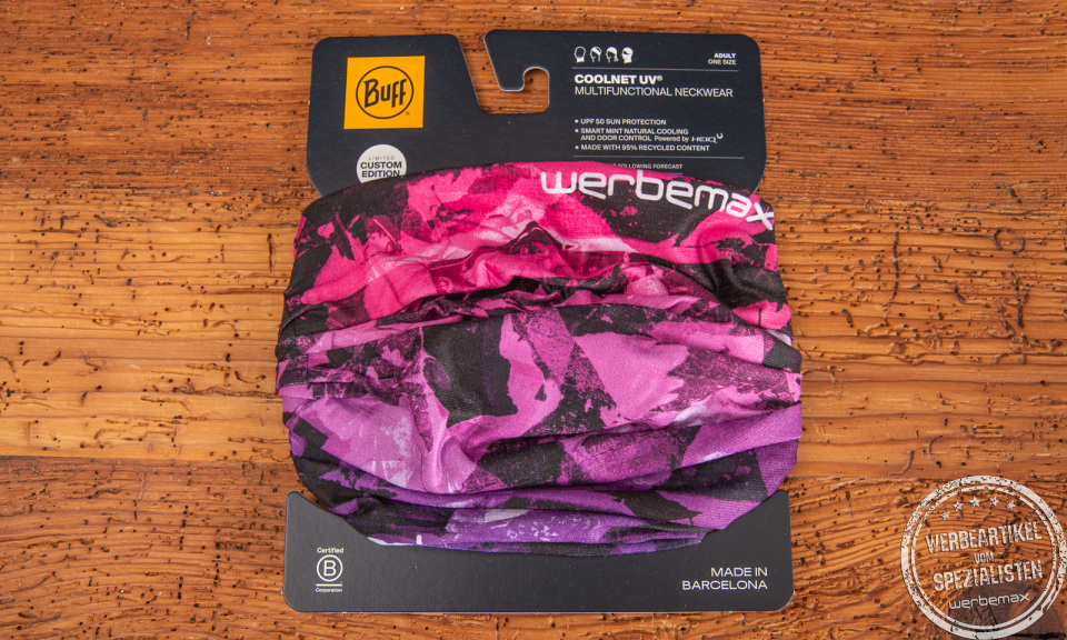 BUFF Safety Coolnet UV Multifunktionstuch in Pink mit Werbemax Logo – kühlend, schnelltrocknend und ideal als nachhaltiger Werbeartikel mit Sonnenschutz.