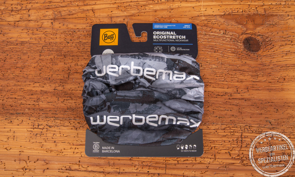 BUFF Safety Original EcoStretch Multifunktionstuch in Schwarz-Grau mit Werbemax Logo – dehnbar, nahtlos, mit UV-Schutz und recyceltem Material gefertigt.