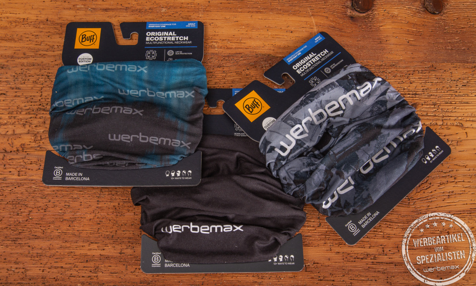 Drei BUFF Safety Original EcoStretch Multifunktionstücher mit Werbemax Logo in Blau-Schwarz, Schwarz und Grau – elastisch, nahtlos und mit hohem Tragekomfort für den täglichen Einsatz.