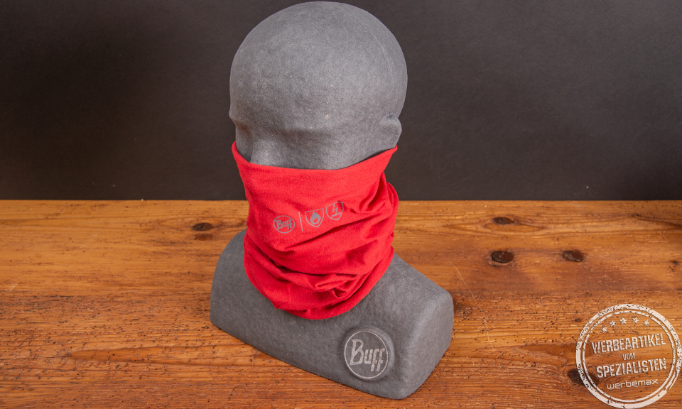 BUFF Safety Fire Resistant Multifunktionstuch in Rot – getragen auf Puppe, flammhemmend, antistatisch und ideal für den professionellen Arbeitsschutz.