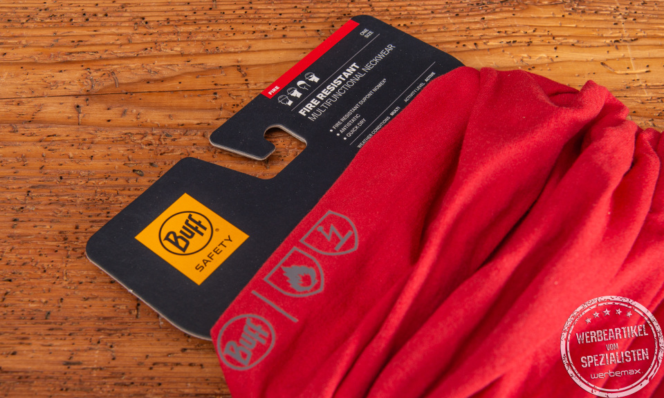 BUFF Safety Fire Resistant Multifunktionstuch in Rot – flammhemmend, antistatisch und ideal für den Einsatz in sicherheitsrelevanten Arbeitsumgebungen.