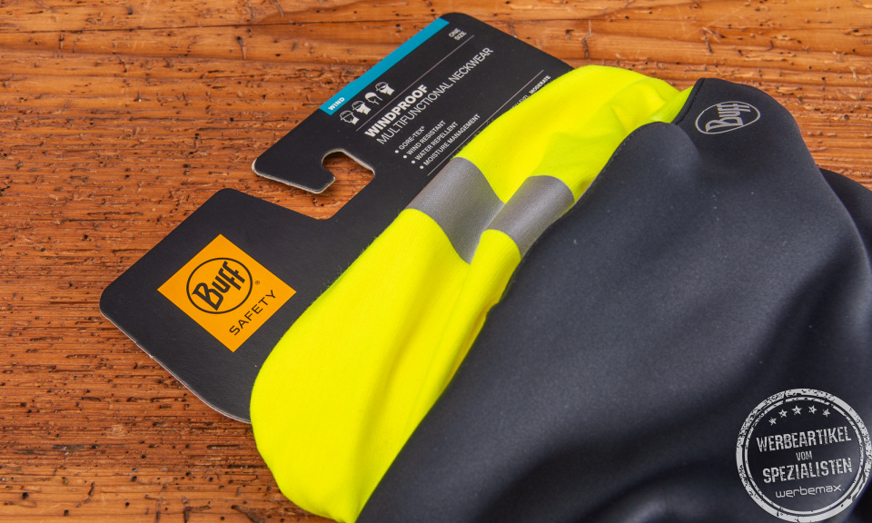 BUFF Safety Windproof Multifunktionstuch in neongelb mit reflektierendem Streifen – winddicht, feuchtigkeitsableitend und ideal für maximale Sichtbarkeit im Arbeitseinsatz.