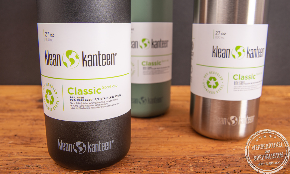 Klean Kanteen Edelstahlflaschen mit Logo graviert.
