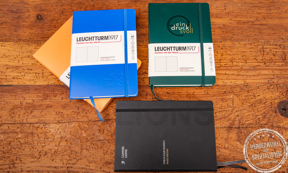 Leuchtturm1917 Notizbücher A5 mit festem Einband in leuchtenden Farben als Werbeartikel.