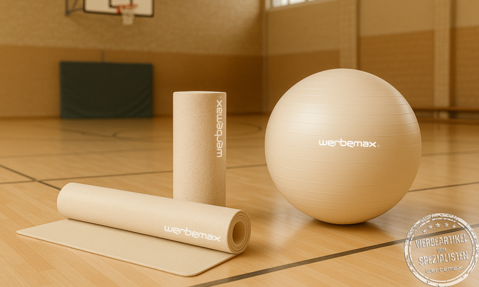 Nachhaltige Fitnesswerbeartikel, wie Yogamatte, Fascienrolle und Gymnastikball in Turnhalle.