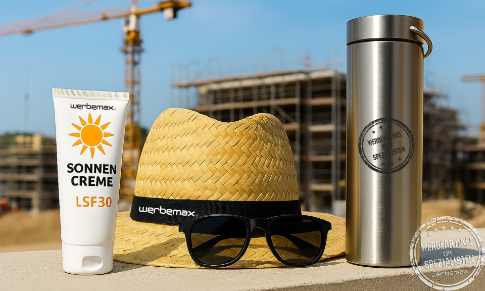 Sonnencreme, Strohhut, Sonnenbrille und Edelstahl-Trinkflasche auf einer Betonmauer, im Hintergrund eine Baustelle mit Kran und Rohbau bei sonnigem Wetter – Symbolbild für Sonnenschutz und Arbeitsschutz im Außenbereich.