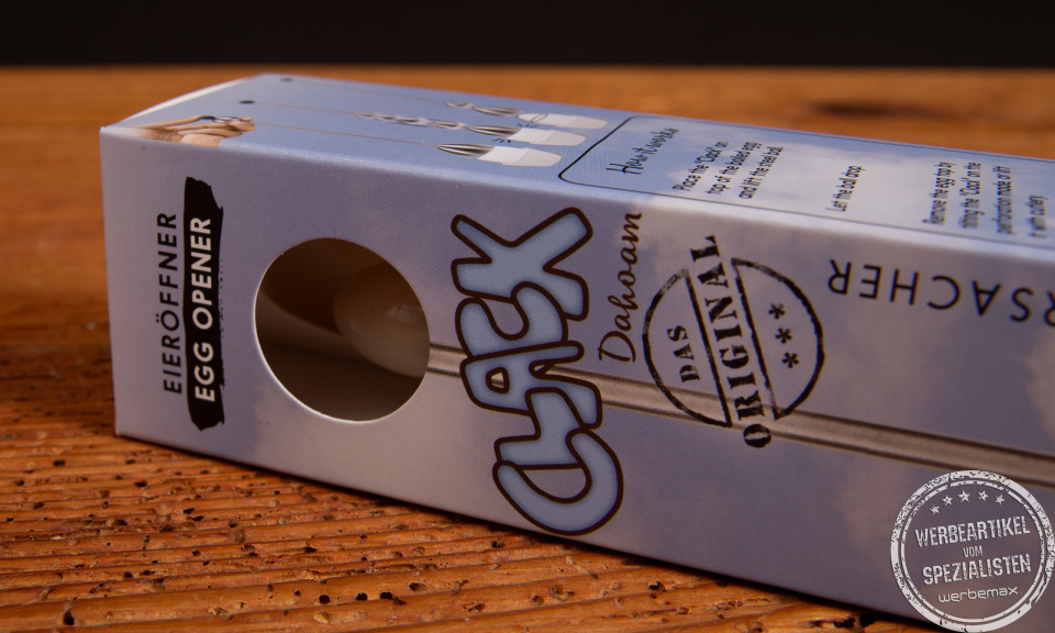 Detailansicht der Clack-Verpackung von take2 &ndash; das Original Eierschalensollbruchstellenverursacher mit Sichtfenster.