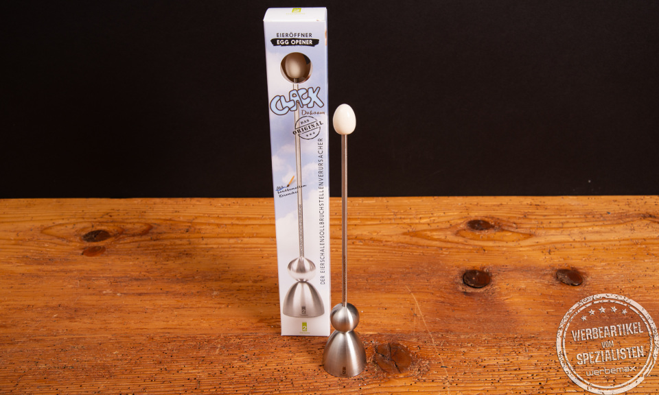 Original Clack Eierschalensollbruchstellenverursacher von take2 &ndash; Edelstahl-Design mit Verpackung im Fokus.