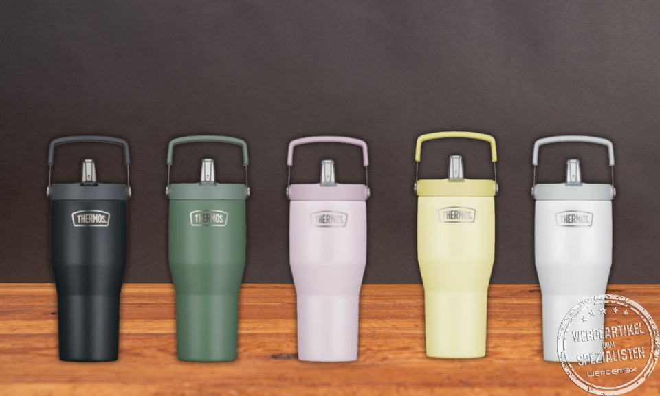 Thermos Refreshing Series Thermobecher mit Flip Straw in verschiedenen Farben als Werbeartikel.