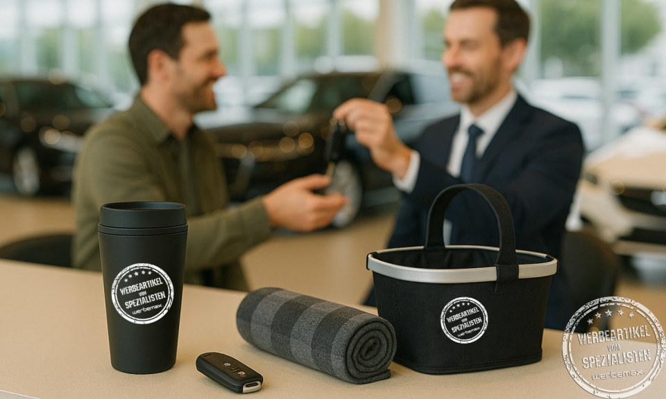 Werbeartikel für Autohäuser aufgebaut auf einer Theke in einem Autohaus mit Verkäufer und Kunde im Hintergrund.