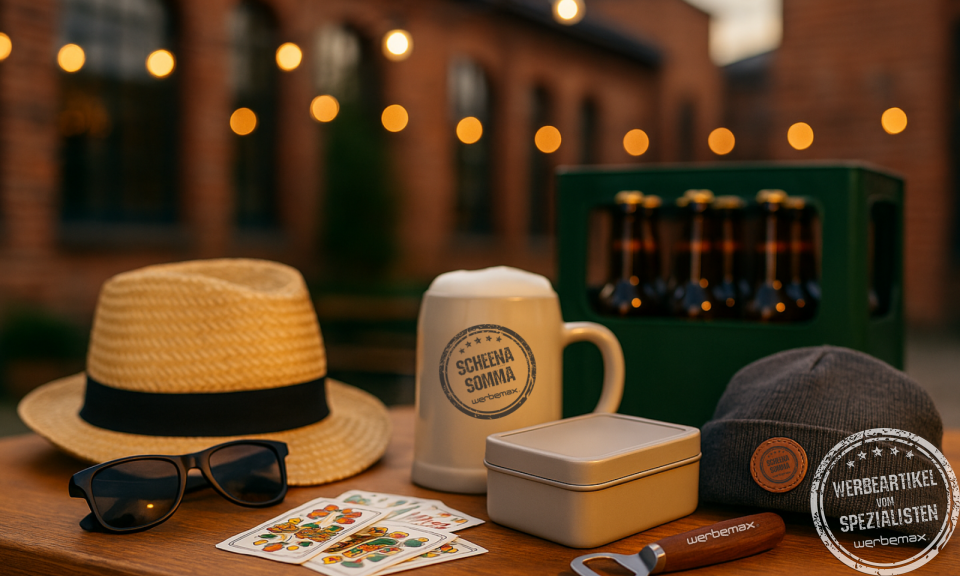 Brauerei , davor Werbeartikel, wie Sonnenbrille, Strohhut oder Flaschenöffner und mehrere Flaschen Bier.