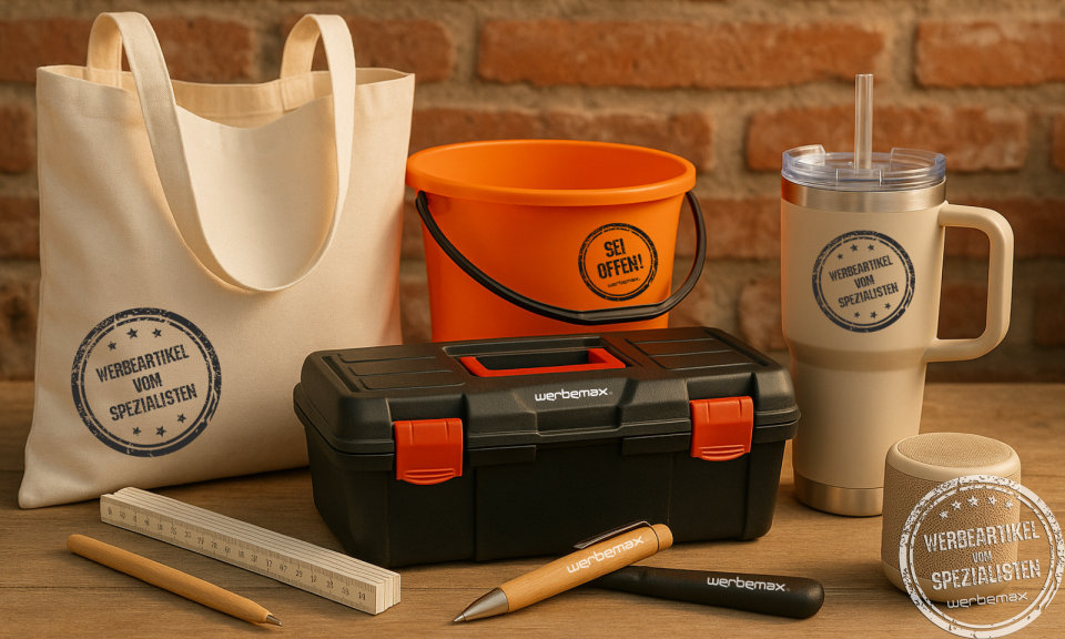 Verschiedene Werbeartikel mit Logo für das Handwerk.