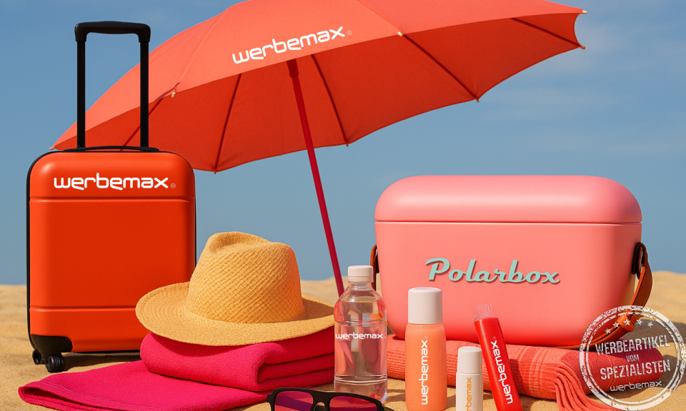 Sommerliche Werbeartikel am Strand: Trolley, Polarbox Kühlbox, Sonnencreme, Wasserflasche, Sonnenbrille und Strohhut auf Sand mit Sonnenschirm.