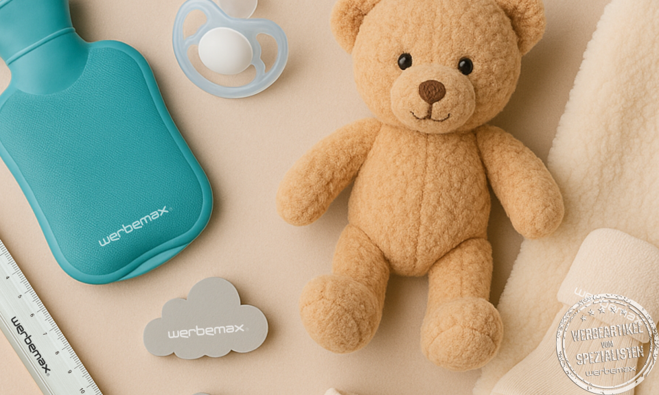 Teddybär, Wärmflasche, Socken und Schnuller als Werbegeschenk-Ideen zur Geburt.