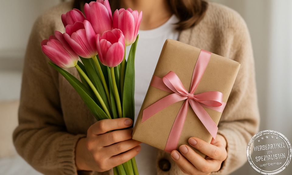 Frau hält einen Strauß rosa Tulpen und ein in Kraftpapier mit rosa Schleife verpacktes Geschenk zum Weltfrauentag am 8. März.