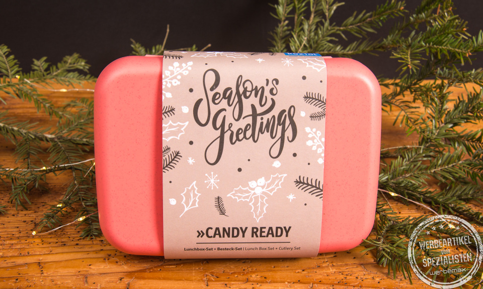Koziol Candy Ready Lunchbox-Set in Rosa mit weihnachtlichem Season’s Greetings Design – nachhaltiges Lunchbox-Set als Werbegeschenk.