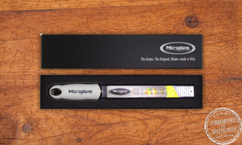 Microplane Premium Classic Zester Reibe weiss inklusive Geschenkbox und einfarbigem Druck auf dem Griff.