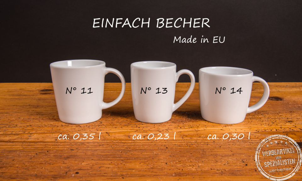 Drei wei&szlig;e Porzellanbecher als Werbetassen mit Modellbeschreibung.