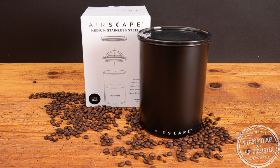 Airscape Kaffeedose Medium aus Edelstahl in Schwarz matt mit Originalverpackung &ndash; modernes Werbegeschenk f&uuml;r Kaffeeliebhaber.