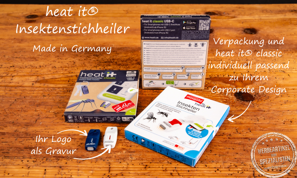 heat it® Insektenstichheiler mit individueller Gravur und Verpackung im Corporate Design – Made in Germany, als innovativer Werbeartikel und praktisches Sommer-Gadget.
