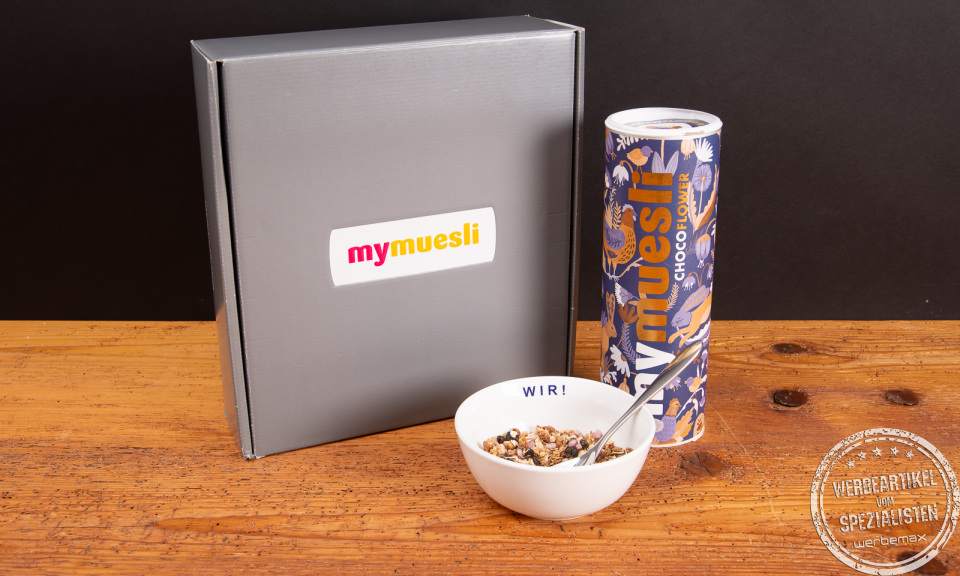 mymuesli Geschenkset mit 575 g Bio-M&uuml;sli und M&uuml;slischale &ndash; hochwertiges Werbegeschenk f&uuml;r Unternehmen, Mitarbeiter und Kunden.