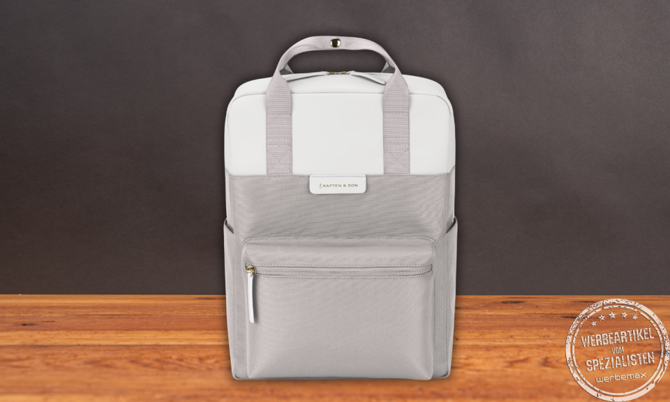 Kapten and Son Rucksack Bergen in der Frontansicht – stilvoller Business-Rucksack in Grau-Weiß als hochwertiger Werbeartikel.