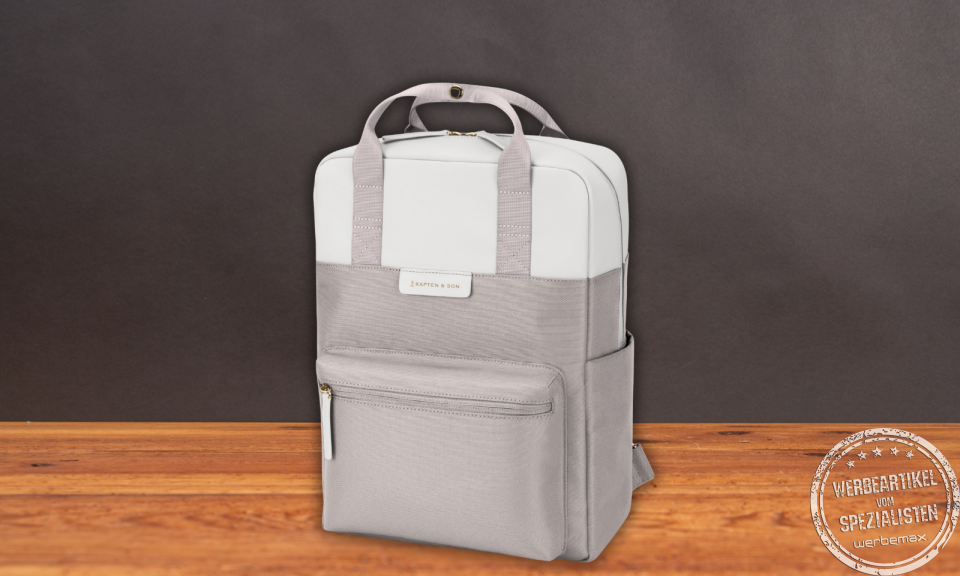 Kapten and Son Rucksack Bergen in Grau-Weiß – moderner Business-Rucksack als Premium Werbeartikel für Firmen.