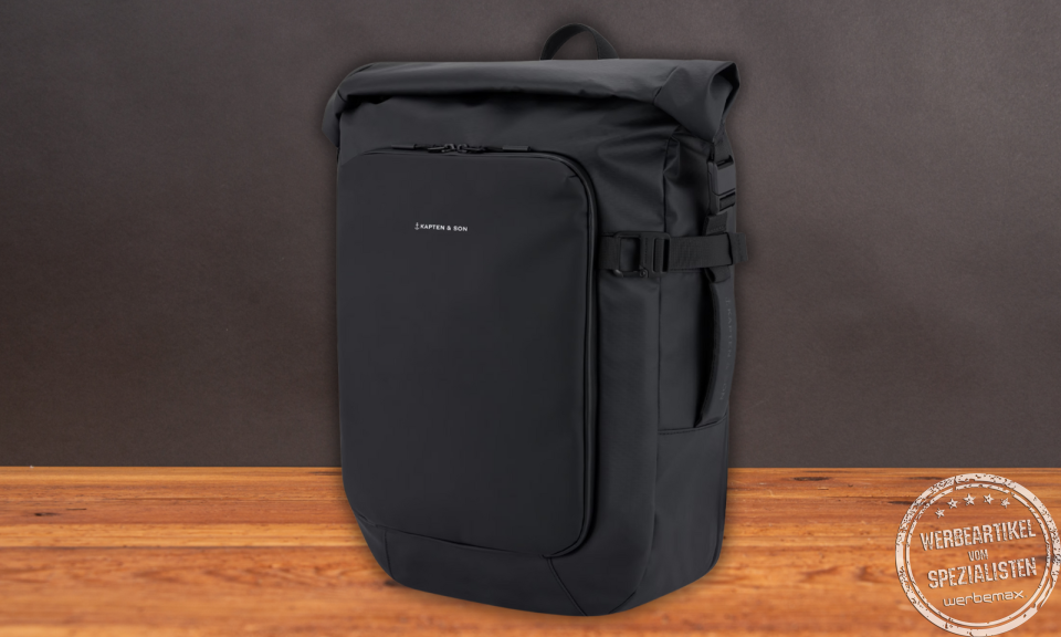 Kapten and Son Rucksack Lisbon Pro in Schwarz – wasserabweisender Rolltop-Rucksack als exklusives Firmengeschenk.