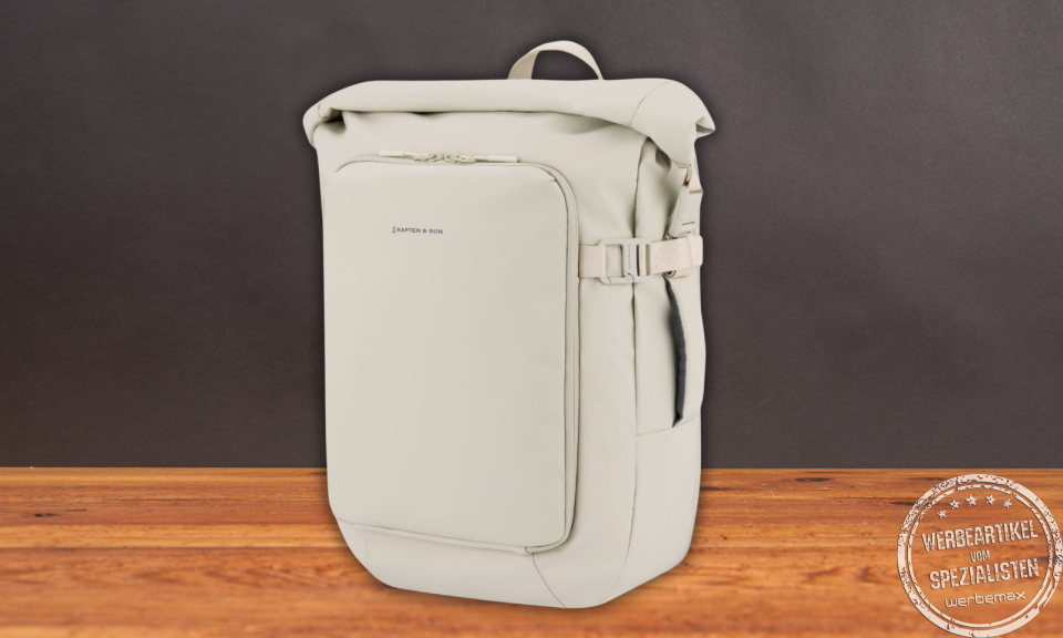 Kapten and Son Rucksack Lisbon Pro Rolltop in Hellbeige als Premium Werbegeschenk.
