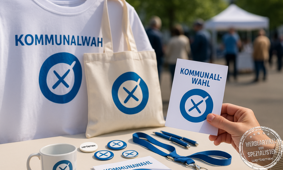 Verschiedene Werbemittel wie T-Shirt, Stofftasche, Buttons, Flyer, Lanyard und Tasse mit Wahlkreuz-Symbol auf einem Tisch bei einer kommunalen Veranstaltung im Freien.