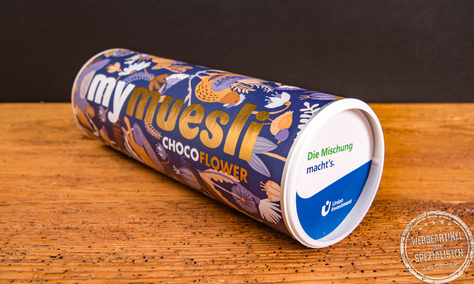 Bio-Müsli Dose von mymuesli mit Choco Flower Design – edles Werbegeschenk mit Logo.