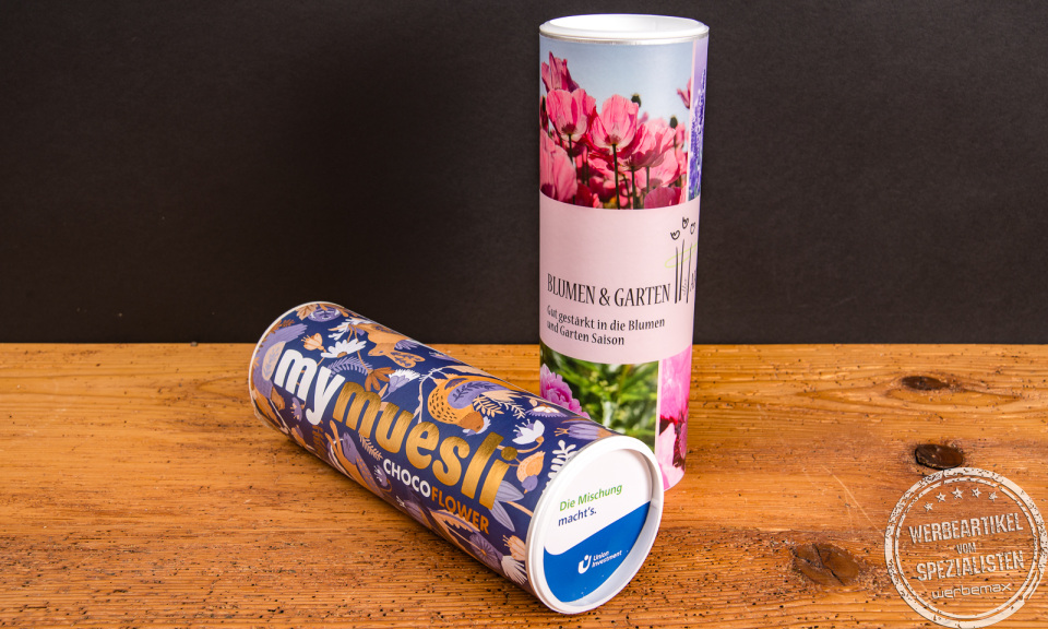 mymuesli Dosen in verschiedenen Designs – personalisierbare Müsli-Geschenke für Kunden und Mitarbeiter.