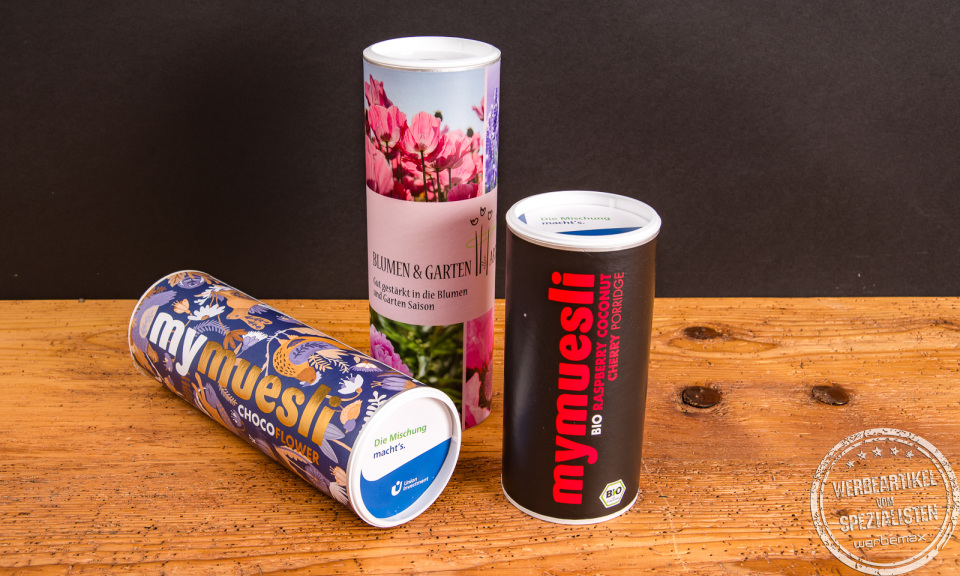 mymuesli Dosen-Trio mit Bio-Müsli und Porridge – kreative Geschenkidee für Unternehmen und Marken.