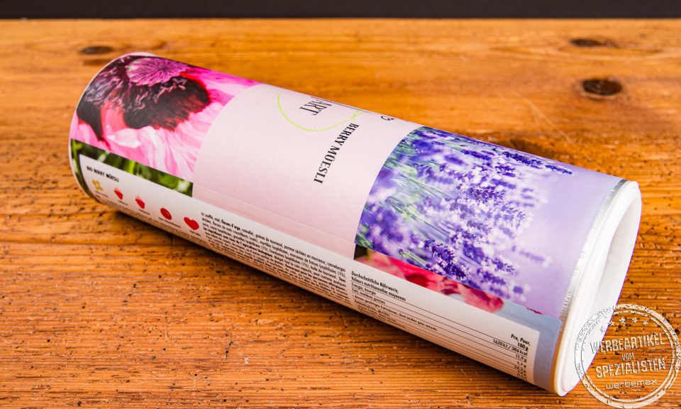 mymuesli Dose mit Blumen-Design &ndash; fr&uuml;hlingshaftes Bio-M&uuml;sli als Werbegeschenk.