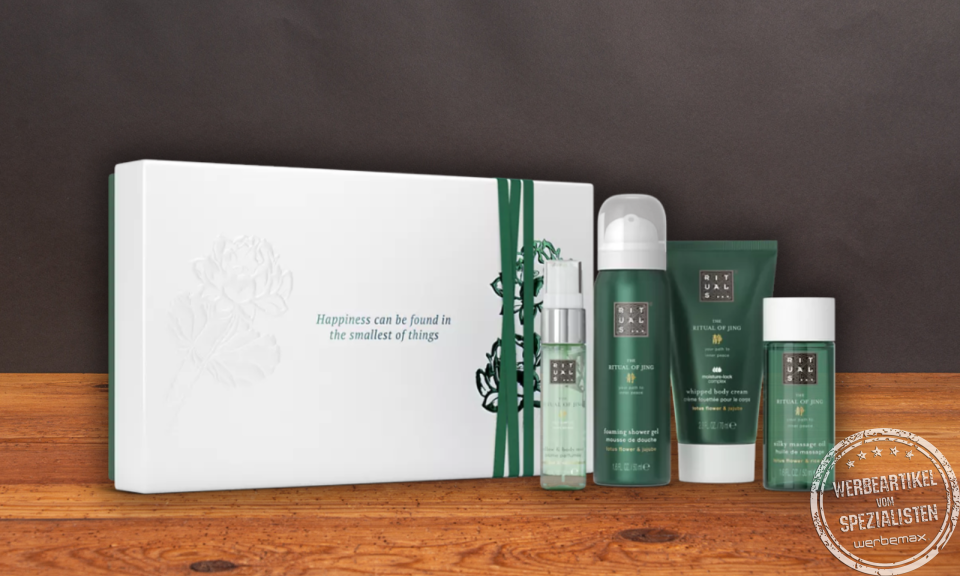 Rituals Jing Geschenkset mit hochwertiger Geschenkbox und Pflegeprodukten als stilvolles Mitarbeitergeschenk.