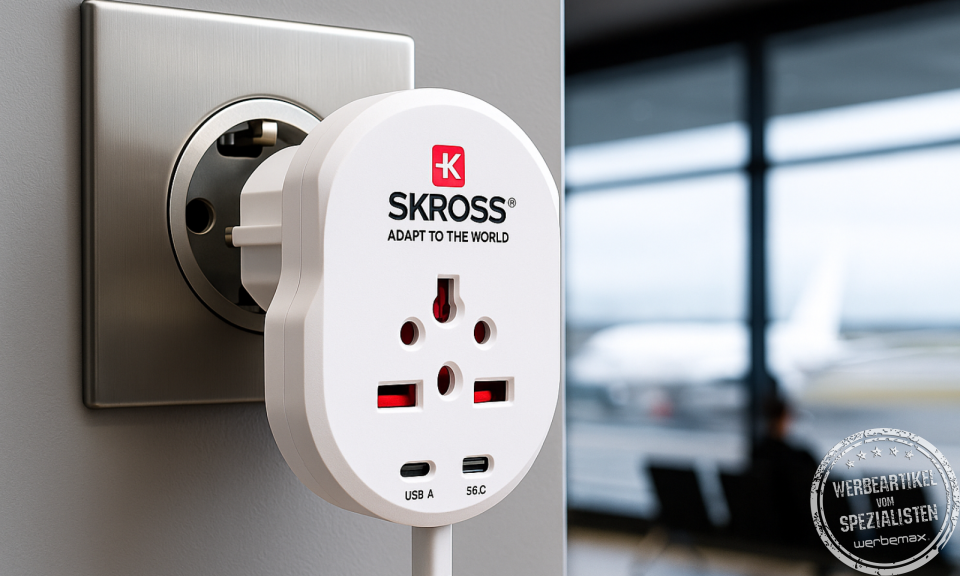 SKROSS Reiseadapter PRO mit USB in einer Flughafen-Steckdose eingesteckt, idealer Weltadapter als hochwertiger Werbeartikel f&uuml;r internationale Gesch&auml;ftsreisende.