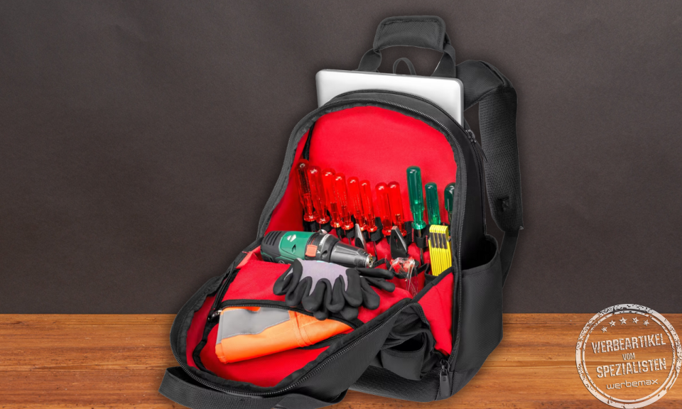 Offener Wenger Tool Backpack Advanced mit Werkzeugfächern, Schraubenziehern, Handschuhen und gepolstertem Laptopfach – hochwertiger Werkzeugrucksack für Handwerker.