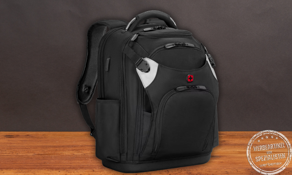 Geschlossener Wenger Tool Backpack Pro in seitlicher Ansicht mit robustem Design, mehreren Reißverschlussfächern und Außenfächern für Werkzeuge und Zubehör.