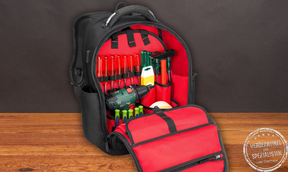 Offener Wenger Tool Backpack Pro mit umfangreicher Werkzeugbestückung, Schraubenziehern, Hammer, Bohrmaschine und vielen Fächern für sicheres Verstauen – professioneller Werkzeugrucksack für Techniker und Handwerker.