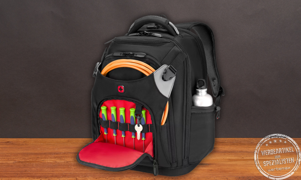 Wenger Tool Backpack Pro mit ge&ouml;ffnetem Werkzeugfach, Schraubenziehern, Schl&uuml;sselhalter und Kabel &ndash; professioneller Werkzeugrucksack f&uuml;r Techniker und Handwerker.