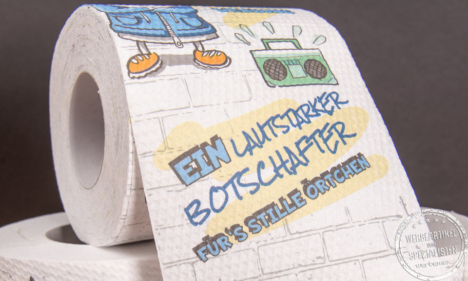 Bedrucktes Toilettenpapier von Elektro Hartinger mit humorvoller Botschaft als kreativer Messe-Werbeartikel f&uuml;r hohe Aufmerksamkeit.