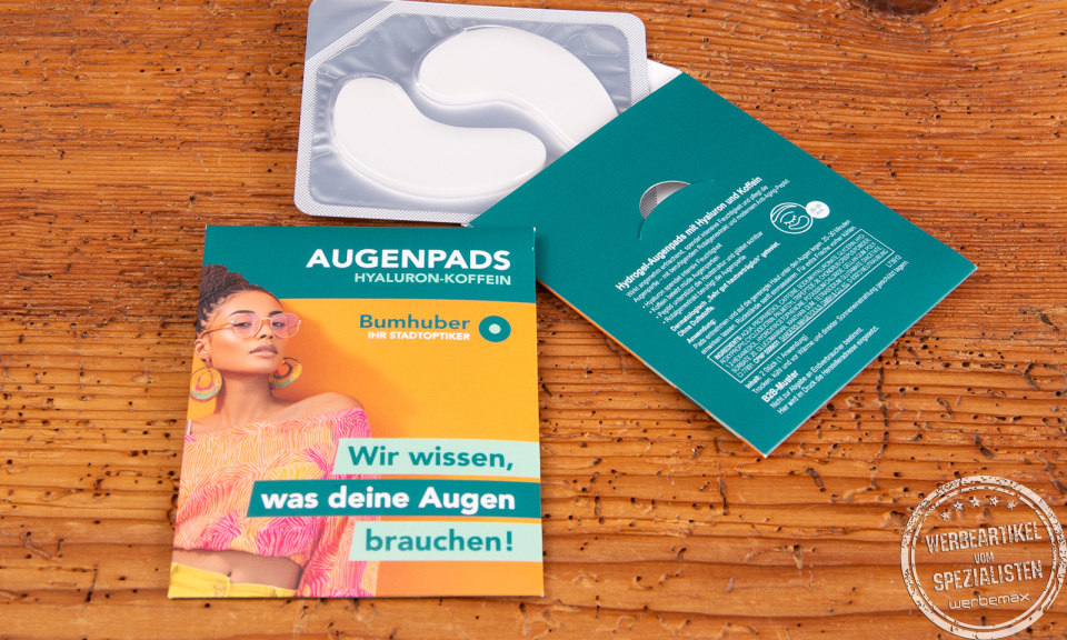 Augenpads mit Hyaluron mit Logo in ge&ouml;ffneter Verpackung &ndash; feuchtigkeitsspendendes Werbegeschenk